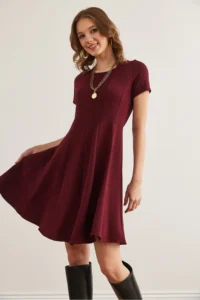 Olalook Women's Burgundy Piece Trend Mini Flared Dress - Image 3