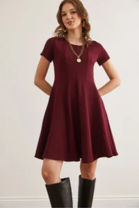 Olalook Women's Burgundy Piece Trend Mini Flared Dress - Image 4