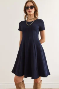 Olalook Women's Navy Blue Piece Trend Mini Flared Dress