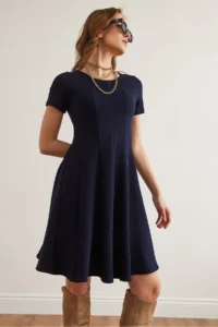 Olalook Women's Navy Blue Piece Trend Mini Flared Dress - Image 3