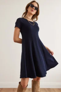 Olalook Women's Navy Blue Piece Trend Mini Flared Dress - Image 4