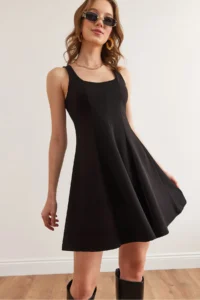 Olalook Women's Black U-Neck Piece Trend Mini Flared Dress