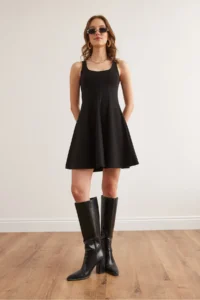 Olalook Women's Black U-Neck Piece Trend Mini Flared Dress - Image 2