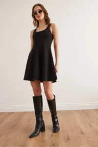 Olalook Women's Black U-Neck Piece Trend Mini Flared Dress - Image 3