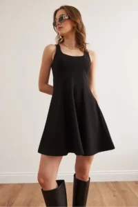 Olalook Women's Black U-Neck Piece Trend Mini Flared Dress - Image 4