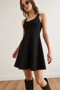 Olalook Women's Black U-Neck Piece Trend Mini Flared Dress - Image 5
