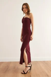 Olalook Women's Burgundy One Shoulder Accessory Detailed Corduroy Midi Dress - Image 3