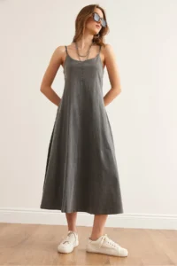 Olalook Women's Gray Adjustable Strap Washed Midi Dress 4614