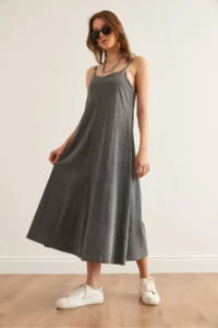 Olalook Women's Gray Adjustable Strap Washed Midi Dress 4614 - Image 2