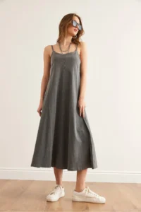 Olalook Women's Gray Adjustable Strap Washed Midi Dress 4614 - Image 3
