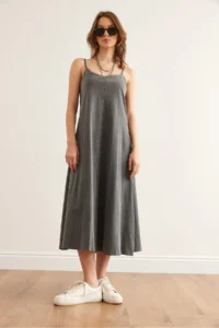 Olalook Women's Gray Adjustable Strap Washed Midi Dress 4614 - Image 6