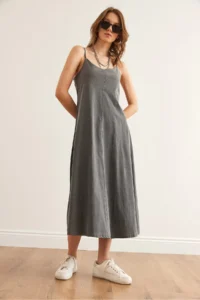 Olalook Women's Gray Adjustable Strap Washed Midi Dress 4614 - Image 7