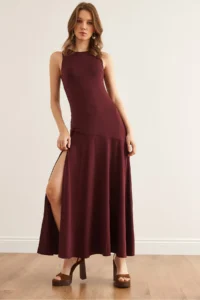 Olalook Women's Claret Red Deep Slit Flowy Sandy Dress