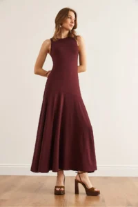 Olalook Women's Claret Red Deep Slit Flowy Sandy Dress - Image 3