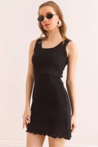 Olalook Women's Black Tight Knitted Waist Detailed Mini Cotton Dress