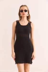 Olalook Women's Black Tight Knitted Waist Detailed Mini Cotton Dress - Image 2
