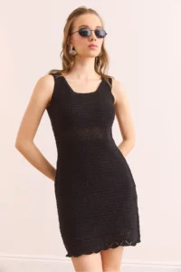 Olalook Women's Black Tight Knitted Waist Detailed Mini Cotton Dress - Image 3
