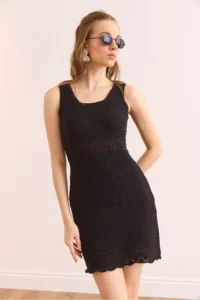 Olalook Women's Black Tight Knitted Waist Detailed Mini Cotton Dress - Image 4