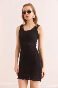 Olalook Women's Black Tight Knitted Waist Detailed Mini Cotton Dress - Image 5