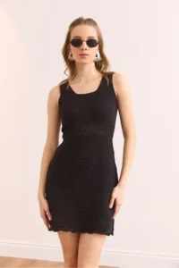 Olalook Women's Black Tight Knitted Waist Detailed Mini Cotton Dress - Image 8