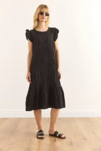 Olalook Women's Black Sleeve Skirt Ruffle Textured Midi Dress - Image 2
