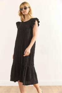 Olalook Women's Black Sleeve Skirt Ruffle Textured Midi Dress - Image 3