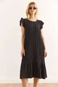 Olalook Women's Black Sleeve Skirt Ruffle Textured Midi Dress - Image 4