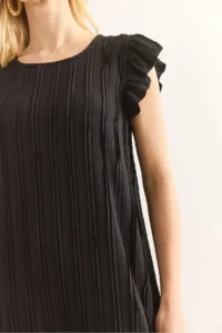 Olalook Women's Black Sleeve Skirt Ruffle Textured Midi Dress - Image 5