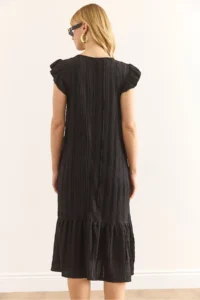 Olalook Women's Black Sleeve Skirt Ruffle Textured Midi Dress - Image 6