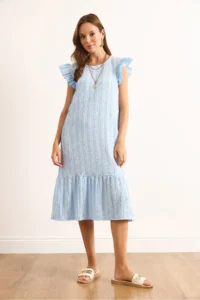 Olalook Women's Baby Blue Sleeve Skirt Frilly Textured Midi Dress - Image 2