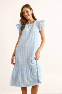 Olalook Women's Baby Blue Sleeve Skirt Frilly Textured Midi Dress - Image 3