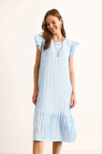 Olalook Women's Baby Blue Sleeve Skirt Frilly Textured Midi Dress - Image 4