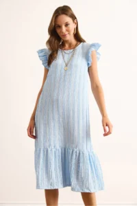 Olalook Women's Baby Blue Sleeve Skirt Frilly Textured Midi Dress - Image 5