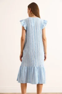 Olalook Women's Baby Blue Sleeve Skirt Frilly Textured Midi Dress - Image 6