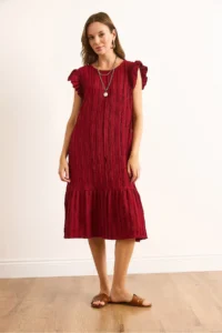 Olalook Women's Burgundy Sleeve Skirt Frilly Textured Midi Dress - Image 2