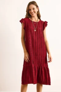 Olalook Women's Burgundy Sleeve Skirt Frilly Textured Midi Dress - Image 3