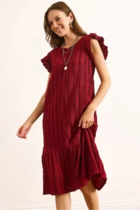 Olalook Women's Burgundy Sleeve Skirt Frilly Textured Midi Dress - Image 4