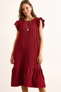 Olalook Women's Burgundy Sleeve Skirt Frilly Textured Midi Dress - Image 5