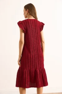 Olalook Women's Burgundy Sleeve Skirt Frilly Textured Midi Dress - Image 6