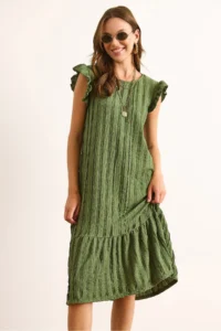 Olalook Women's Khaki Sleeve Skirt Ruffled Textured Midi Dress - Image 2