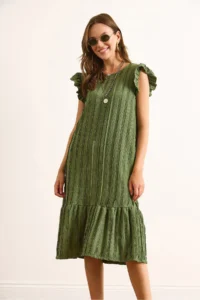 Olalook Women's Khaki Sleeve Skirt Ruffled Textured Midi Dress - Image 3