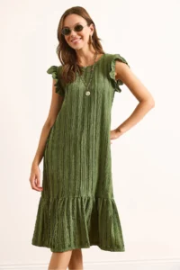Olalook Women's Khaki Sleeve Skirt Ruffled Textured Midi Dress - Image 4