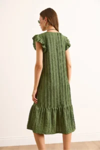 Olalook Women's Khaki Sleeve Skirt Ruffled Textured Midi Dress - Image 6