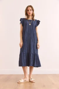 Olalook Women's Indigo Sleeve Skirt Frilly Textured Midi Dress - Image 2