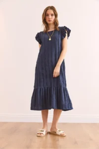 Olalook Women's Indigo Sleeve Skirt Frilly Textured Midi Dress - Image 3