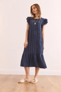 Olalook Women's Indigo Sleeve Skirt Frilly Textured Midi Dress - Image 4