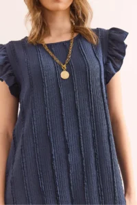Olalook Women's Indigo Sleeve Skirt Frilly Textured Midi Dress - Image 5