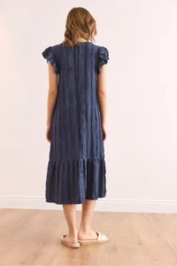 Olalook Women's Indigo Sleeve Skirt Frilly Textured Midi Dress - Image 6
