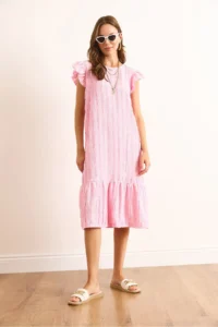Olalook Women's Pink Sleeve Skirt Ruffle Textured Midi Dress - Image 2