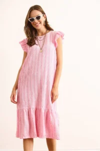 Olalook Women's Pink Sleeve Skirt Ruffle Textured Midi Dress - Image 3